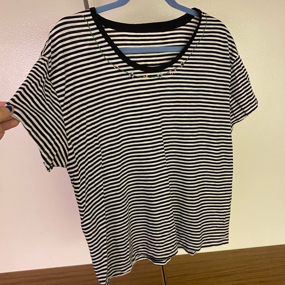 3 for $20 - Black and White Striped Shirt with Floral Embroidery